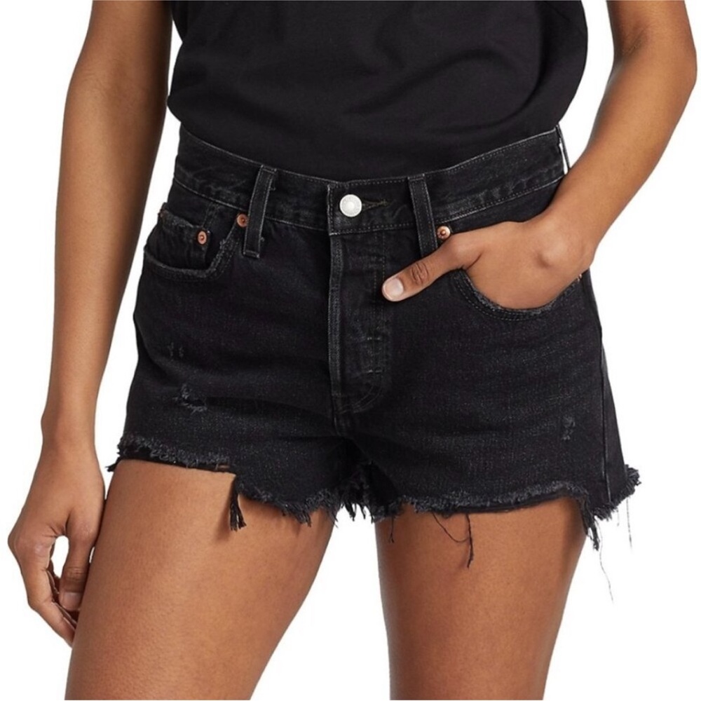 Levi’s 501 High Rise Original Fit Distressed Denim Jean Shorts Wise Up Black - Picture 4 of 16